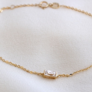 Solid Gold Baguette Diamond Solitaire Bracelet, White Gold Minimalist Bracelet, Stackable Bracelet, Gift for Her