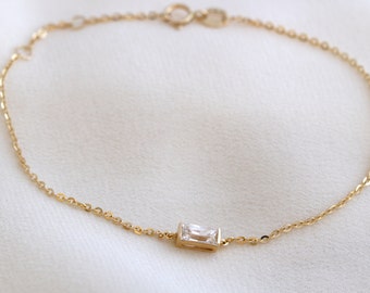 Solid Gold Baguette Diamond Solitaire Bracelet, White Gold Minimalist Bracelet, Stackable Bracelet, Gift for Her