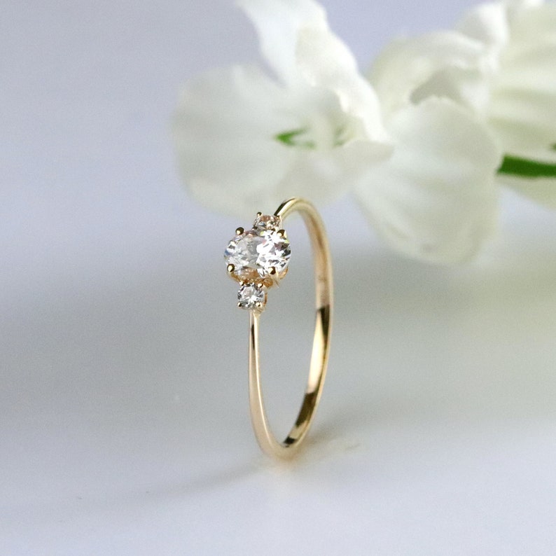Petite Oval Cut Diamond Simulant Three Stone Ring in 10K Gold Engagement Ring, Promise Ring, Dainty Gold Ring, Moissanite Ring image 8