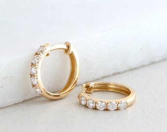 Diamond Huggie Hoops, Solid 14K Gold Moissanite Hoop Earrings, 10K Gold Mini Hoops, Minimalist Earrings, Gift for Her