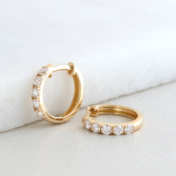 Diamond Huggie Hoops, Solid 14K/10K Gold Moissanite Mini Hoops