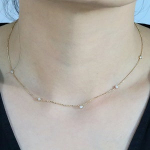 Solid 14K Gold Diamond Bezel Station Necklace, Satellite Necklace Choker, Dainty Gold Layering Necklace, Moissanite Minimalist Necklace image 5