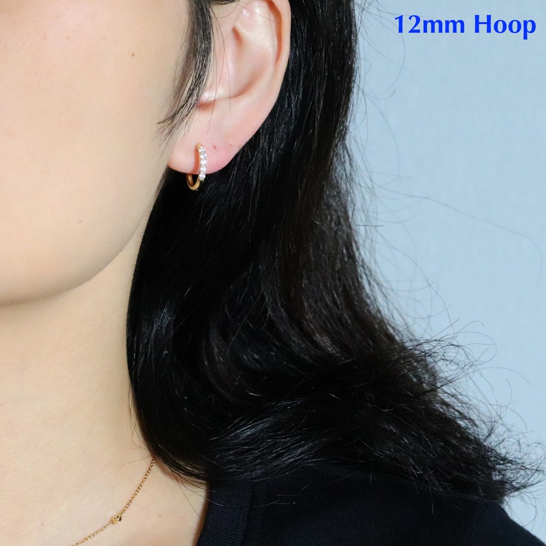 Solid Gold Moissanite Diamond Huggie Hoop Earrings, 10K Gold Diamond Mini Hoops, Minimalist Earrings image 6