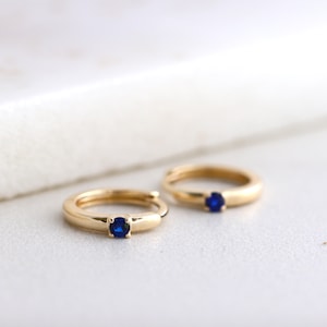 Blue Sapphire Huggie Hoop Earrings - Solid 10K Gold Sleeper Earrings, September Birthstone Minimalist Hoops