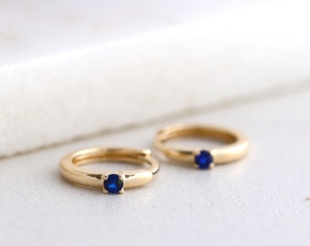 Blue Sapphire Hoop Earrings, Huggie Earrings in Solid Gold, September Birthstone Earrings, Dainty Small Hoops, Minimalist Earrings