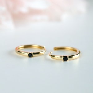 Solid Gold Black Huggie Hoops, Small Black Sleeper Earrings, Minimalist Mini Hoops