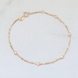 Solid Gold Diamond Bezel Station Bracelet, Satellite Chain Bracelet, Dainty Gold Layering Bracelet, Moissanite Bracelet, Minimalist Bracelet