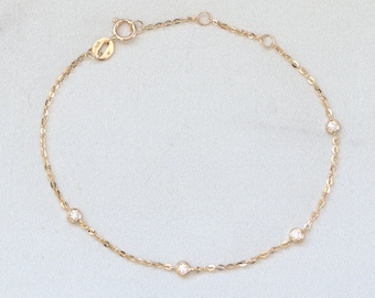 Solid Gold Diamond Bezel Station Bracelet, Satellite Chain Bracelet, Dainty Gold Layering Bracelet, Moissanite Bracelet, Minimalist Bracelet