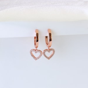 Rose Gold Heart Drop Huggie Hoops, Small Dangle Earrings, Sterling Silver Heart Earrings, Minimalist Earrings