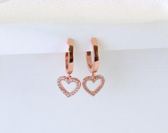 Heart Dangle Huggie Hoop Earrings in Rose Gold Vermeil, Gift for Her