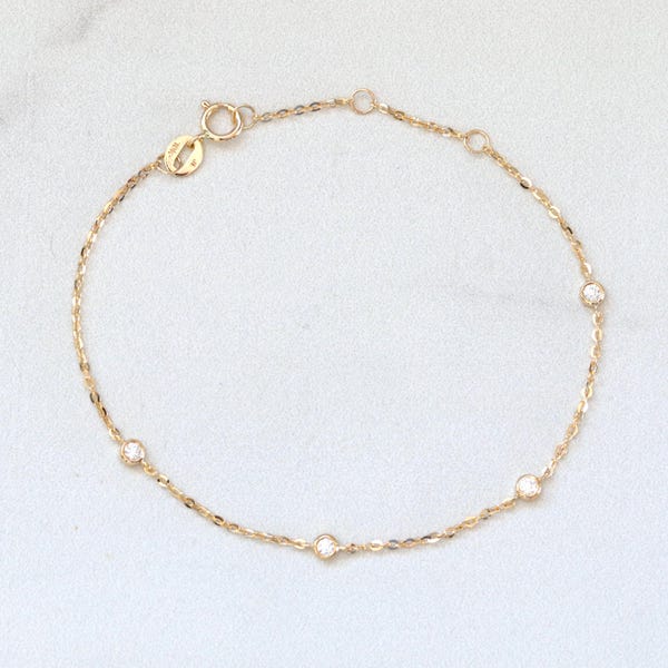 Solid 10K/14K Gold Bezel Station Bracelet, Dainty Satellite Chain Bracelet