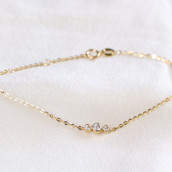 Solid Gold Moissanite Bracelet: Dainty Three Stone Chain Bracelet