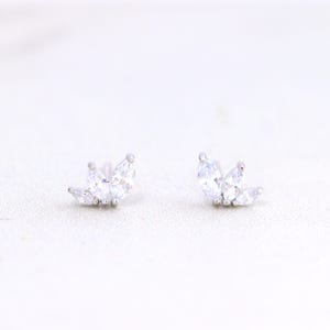Marquise Trio Stud Earrings in Sterling Silver, Teardrop Diamond CZ Studs, Three Stone Studs