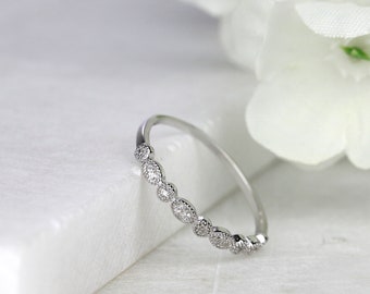 Sterling Silver Milgrain Marquise Dot Stackable Half Eternity Ring Solid Silver Dainty Ring Art Deco