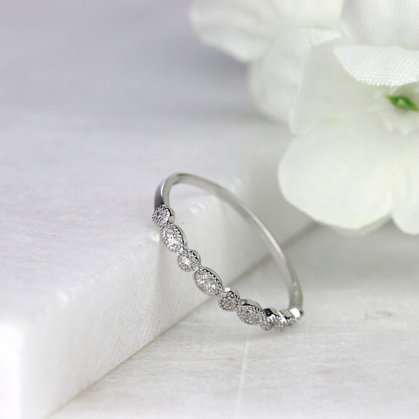 Sterling Silver Milgrain Marquise Dot Stackable Half Eternity Ring Solid Silver Dainty Ring Art Deco