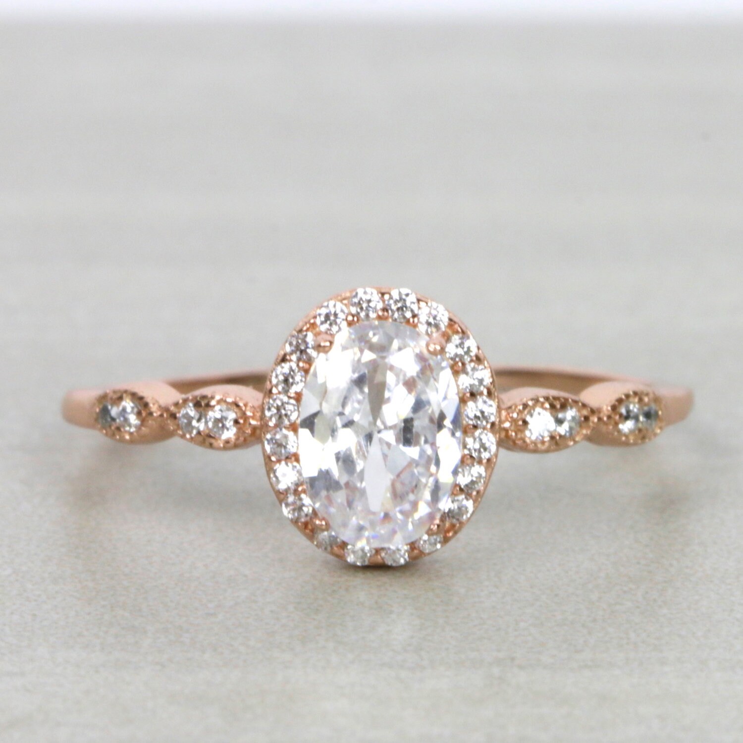 Oval-Cut Halo Engagement Ring/.925 Sterling Silver Ring/ Rose Gold Ri…