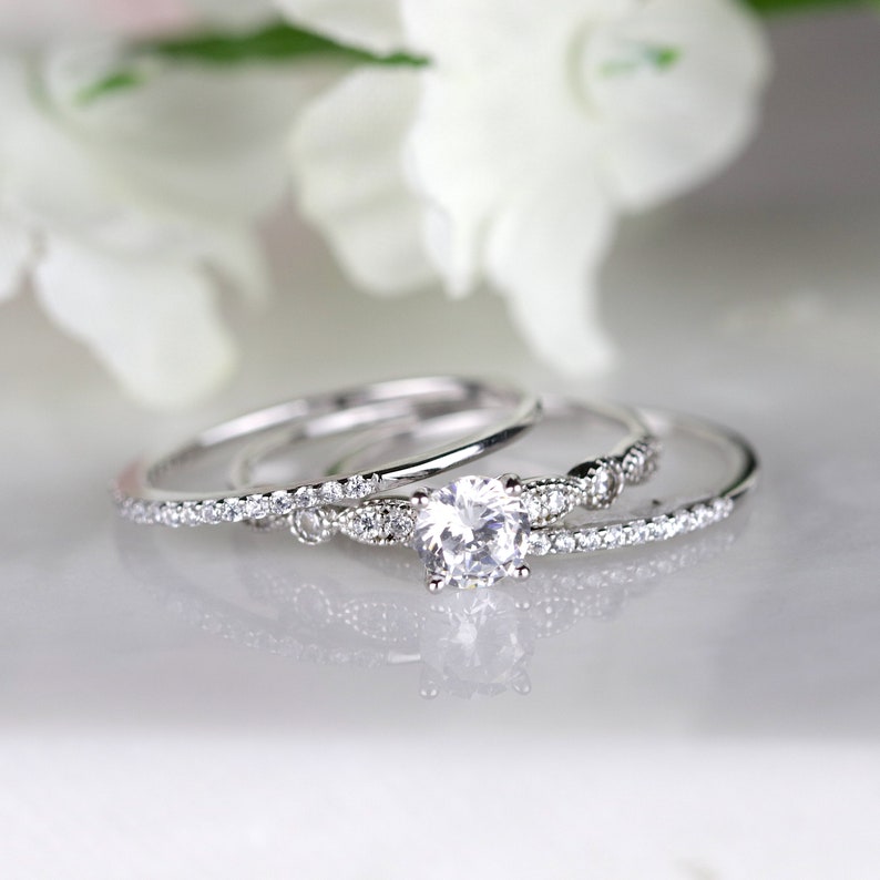 3pc Round Cut Sterling Silver Milgrain Marquise and Dot Bridal Ring Set Engagement Ring Promise Ring image 4