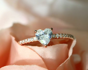 Diamond Heart Ring, Heart CZ Engagement Ring, Rose Gold Vermeil Promise Ring, Anniversary Ring, Gift for Her