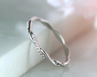 White Gold Petite Twisted Half Eternity Ring, Infinity Wedding Band, Dainty Stackable Ring