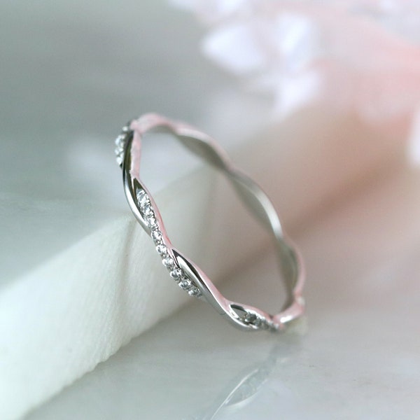 White Gold Petite Twisted Half Eternity Ring, Infinity Wedding Band, Dainty Stackable Ring