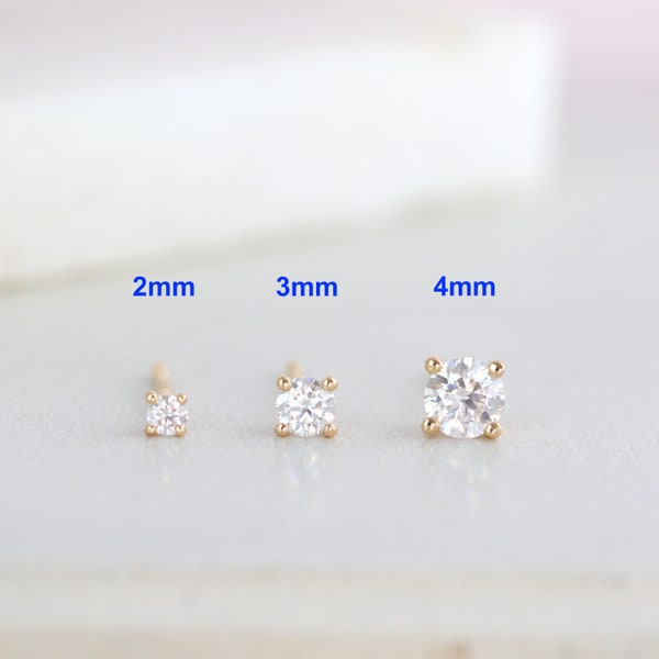 Puces d'oreilles diamant Moissanite en or massif 14 carats, puces d'oreilles diamants délicats de 2 mm 3 mm 4 mm, boucles d'oreilles de tous les jours, boucles d'oreilles minimalistes, cadeau pour elle