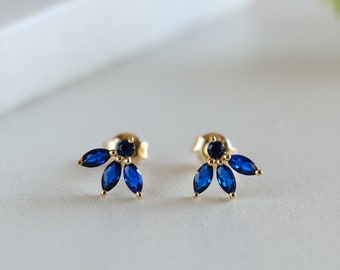 Marquise Blue Sapphire Stud Earrings, Cluster Studs, Lotus Flower Studs, Minimalist Trinity Studs, September Birthstone Earring