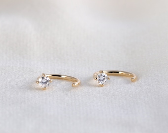 Solid Gold Diamond Open Hoop Earrings, 0.2ct Round Moissanite Open Hoops, Dainty Hoops, Minimalist Hoops