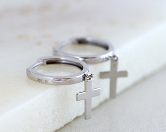 White Gold Cross Huggie Hoop Earrings, 10K White Gold Dangle Cross Hoops, Dainty Minimalist Cross Earrings