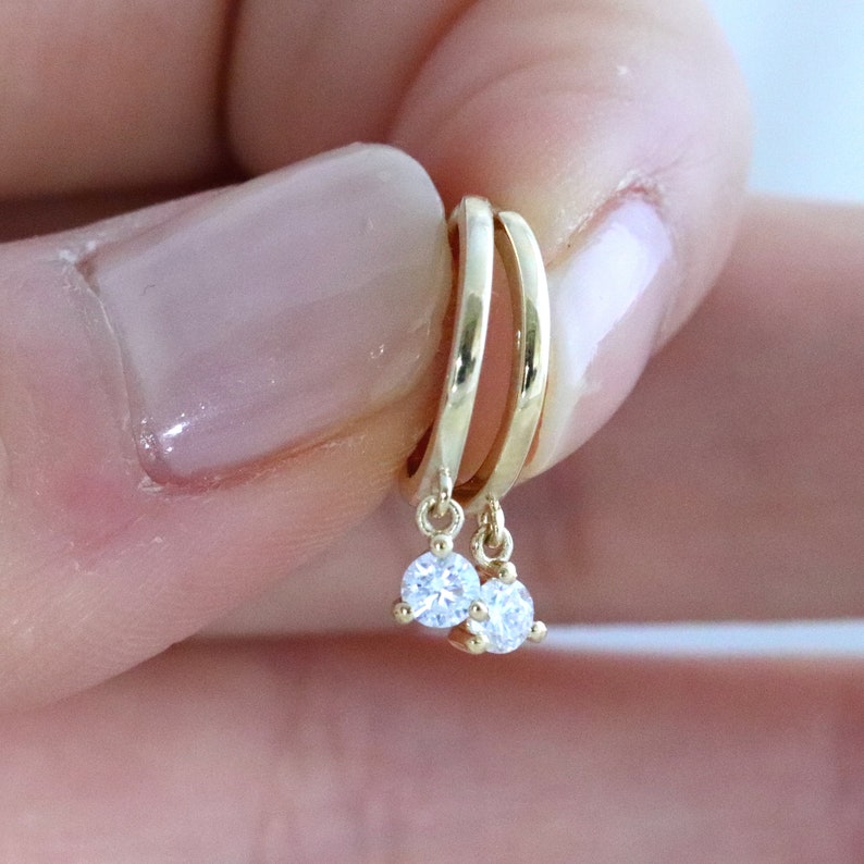 Solid Gold Moissanite Diamond Drop Huggie Hoops, Dangle Small Hoop Earrings, Dainty White Gold Hoops, Minimalist Jewelry image 1