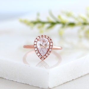 Elegant 1.5ct Teardrop Halo Ring, Rose Gold Vermeil CZ Engagement Ring