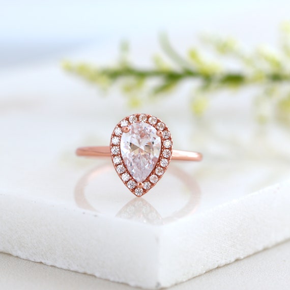 Elegant Teardrop Halo Ring, Rose Gold Vermeil CZ Engagement