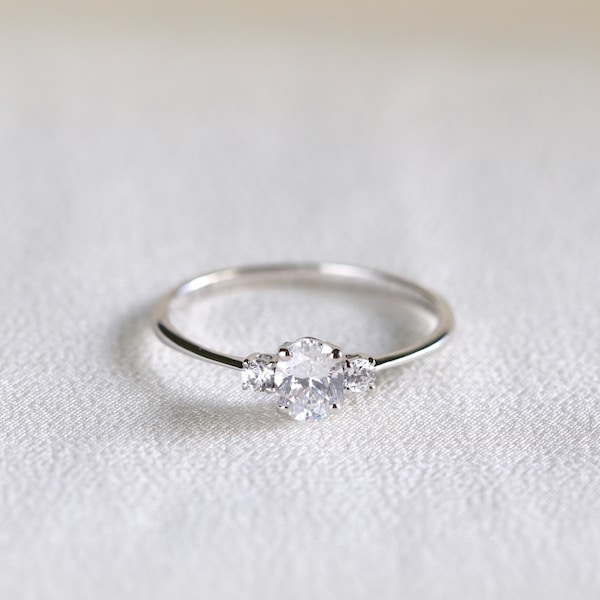 White Gold Oval Cut Three Stone Diamond Engagement Ring, Moissanite Diamond Ring, Promise Ring, Anniversary Ring