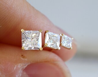 1.60 Ct Princess Cut Moissanite Stud Earrings | 14K Solid Yellow Gold, Screw Back
