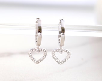 Sterling Silver Heart Drop Huggie Earrings, Minimalist Small Hoop Earrings