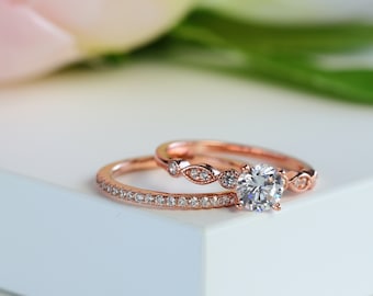 Round Cut Rose Gold Silver Milgrain Engagement Ring Set Bridal Set Promise Ring Wedding Ring Set Anniversary Gift