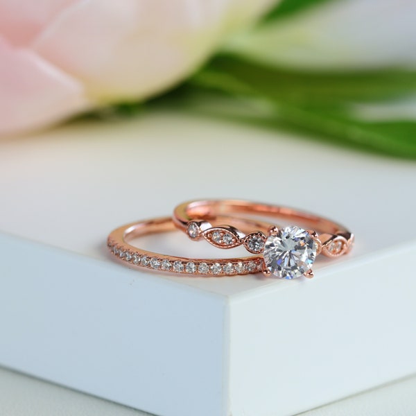 Round Cut Rose Gold Silver Milgrain Engagement Ring Set Bridal Set Promise Ring Wedding Ring Set Anniversary Gift