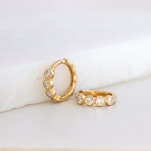 Diamond Bezel Huggie Hoops, Solid Gold Moissanite Hoop Earrings, 10K Gold Mini Hoops, Minimalist Earrings, Gift for Her