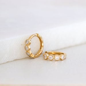 Diamond Bezel Huggie Hoops, Solid Gold Moissanite Sleeper Earrings, Mini Hoops, Minimalist Jewelry