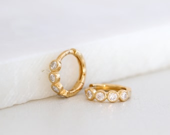 Diamond Bezel Huggie Hoops, Solid Gold Moissanite Hoop Earrings, 10K Gold Mini Hoops, Minimalist Earrings, Gift for Her