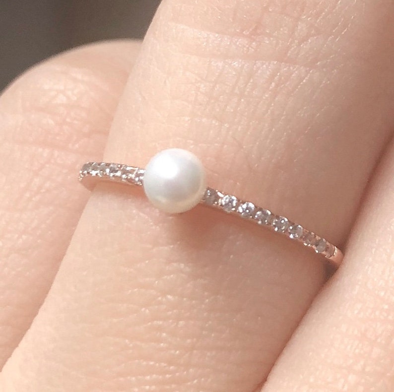 Thin Pearl Ring Dainty Stackable Half Eternity Ring Sterling SilverRose Gold Ring Stacking Ring