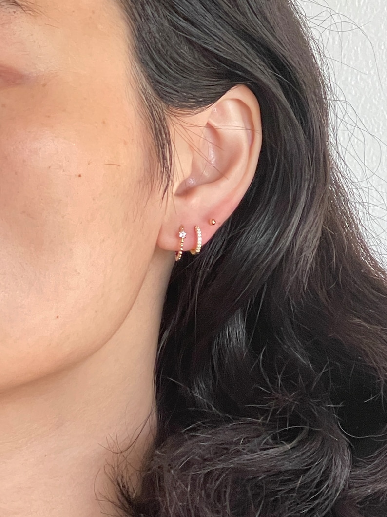 Solid Gold Beaded Huggie Hoop Earrings, Moissanite Diamond Mini Hoops in 10K/14K Gold, Minimalist Earrings image 7