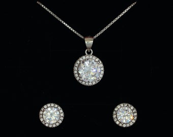 Sterling Silver 2ct Round Cut Halo Diamond CZ Pendant Necklace Set, Bridesmaid Jewelry Set, Holiday Gifts
