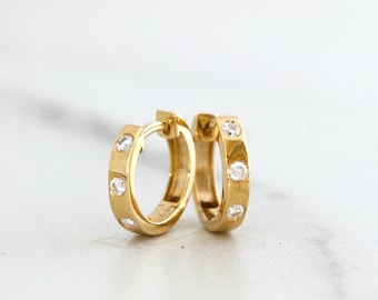 Solid Gold Three Stone Diamond Huggie Hoop Earrings, 10K Gold Moissanite Gemstone Mini Hoops, Minimalist Earrings