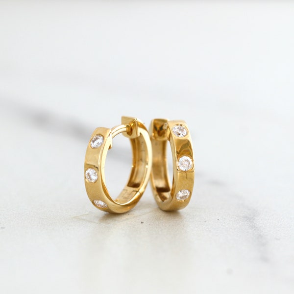 Solid Gold Three Stone Diamond Huggie Hoop Earrings, 10K Gold Moissanite Gemstone Mini Hoops, Minimalist Earrings