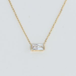 Baguette Necklace, Solid Gold Moissanite Diamond Solitaire Necklace, Dainty Layering Pendant, Minimalist Statement Jewelry