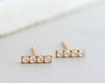 Dainty Solid Gold Bar Studs, Moissanite Diamond Stud Earrings, Minimalist Earrings, Gift for Her