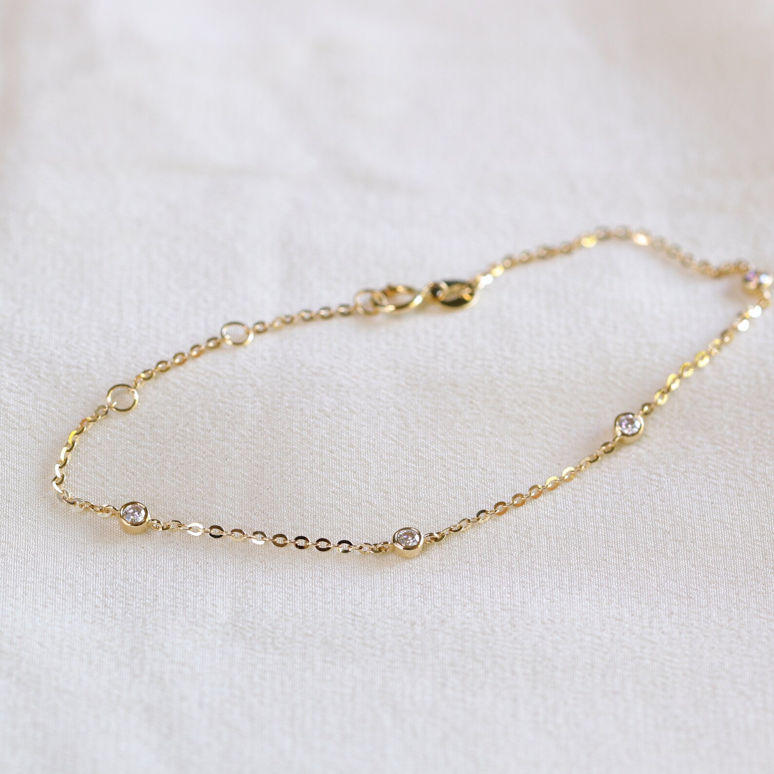 Solid Gold Diamond Bezel Station Bracelet Satellite Chain Etsy