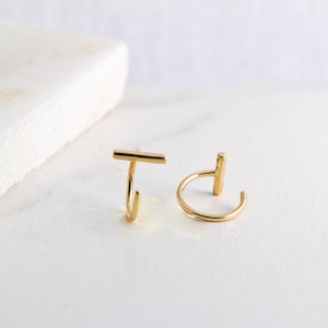 Solid 14K Gold Bar Open Huggie Earrings, Gold Sleepers, White Gold Open Hoops, Minimalist Earrings