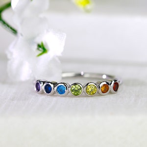 Rainbow Ring 7 Chakra Ring Bezel Set Rose Gold Silver Stackable Ring Yoga Ring Healing Stone Ring Multicolor Ring Boho Jewelry