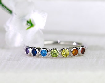 Rainbow Ring 7 Chakra Ring Bezel Set Rose Gold Silver Stackable Ring Yoga Ring Healing Stone Ring Multicolor Ring Boho Jewelry